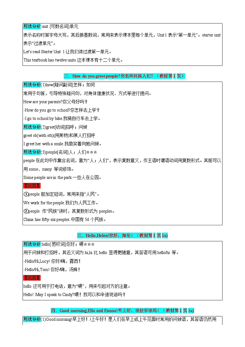 Starter Unit1-3—七年级英语上册同步 知识点总结+单元测试卷（人教版2024）02