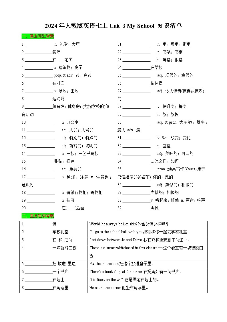 Unit3 My School 七年级英语上册同步 知识点总结（空白版）第1页