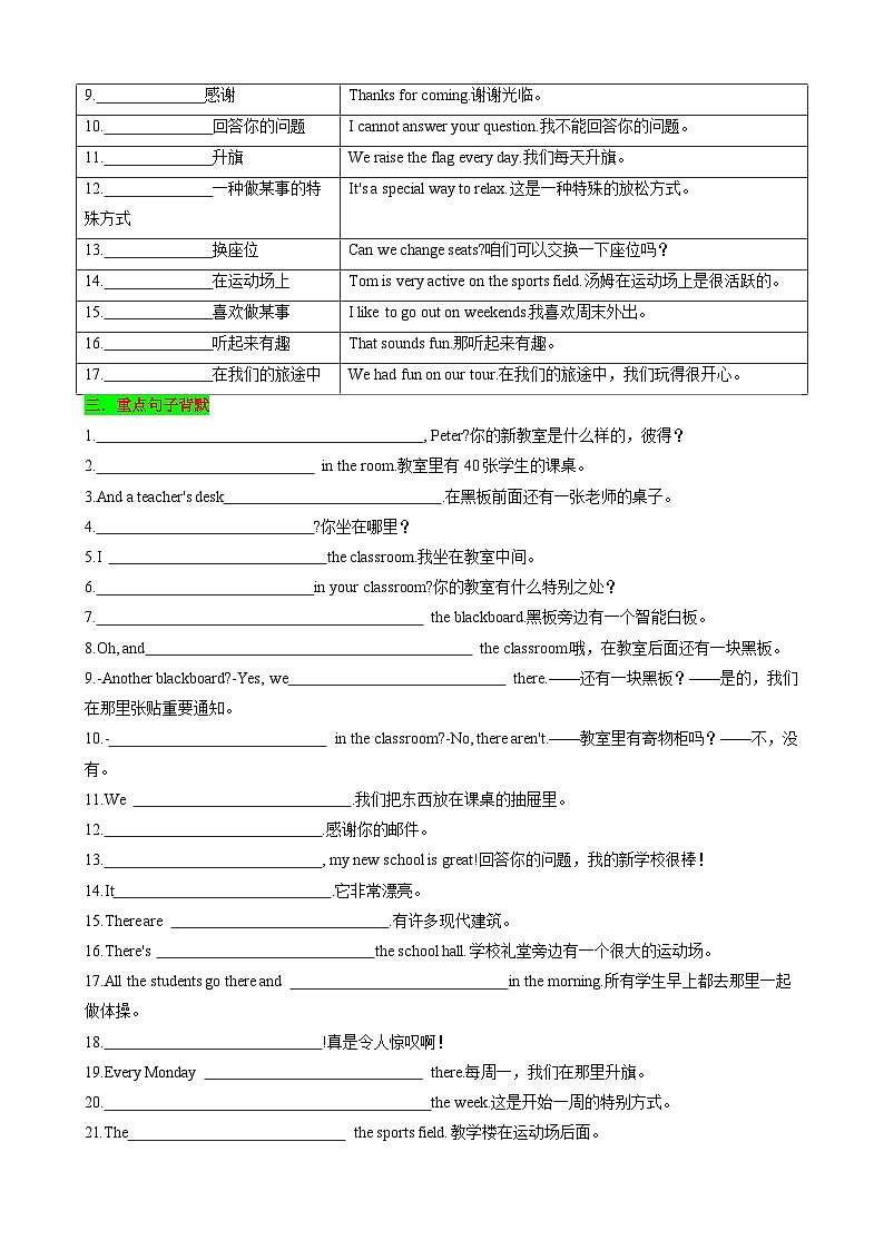Unit3 My School 七年级英语上册同步 知识点总结（空白版）第2页