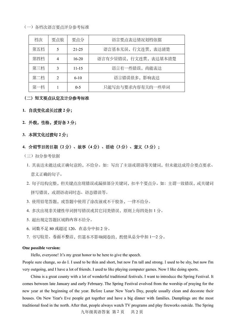 城区初中九年级（上）半期质量监测英语试题答案第2页