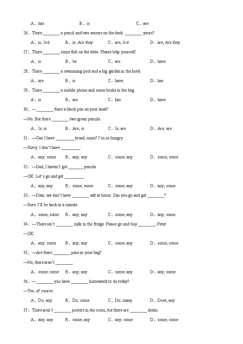 牛津译林版七年级英语上册单元重难点易错题精练 Unit 7 语法Grammar there be句型和some,any（含答案）第3页