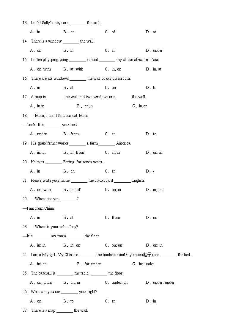 人教版七年级英语上册单元重难点易错题精练 Unit 4 Grammar语法 方位介词和where引导的特殊疑问句 （含参考答案）02