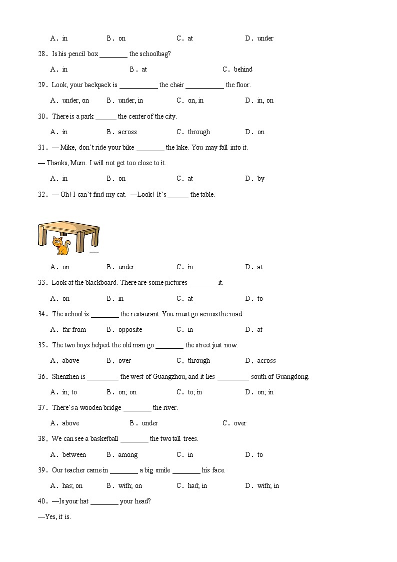 人教版七年级英语上册单元重难点易错题精练 Unit 4 Grammar语法 方位介词和where引导的特殊疑问句 （含参考答案）03