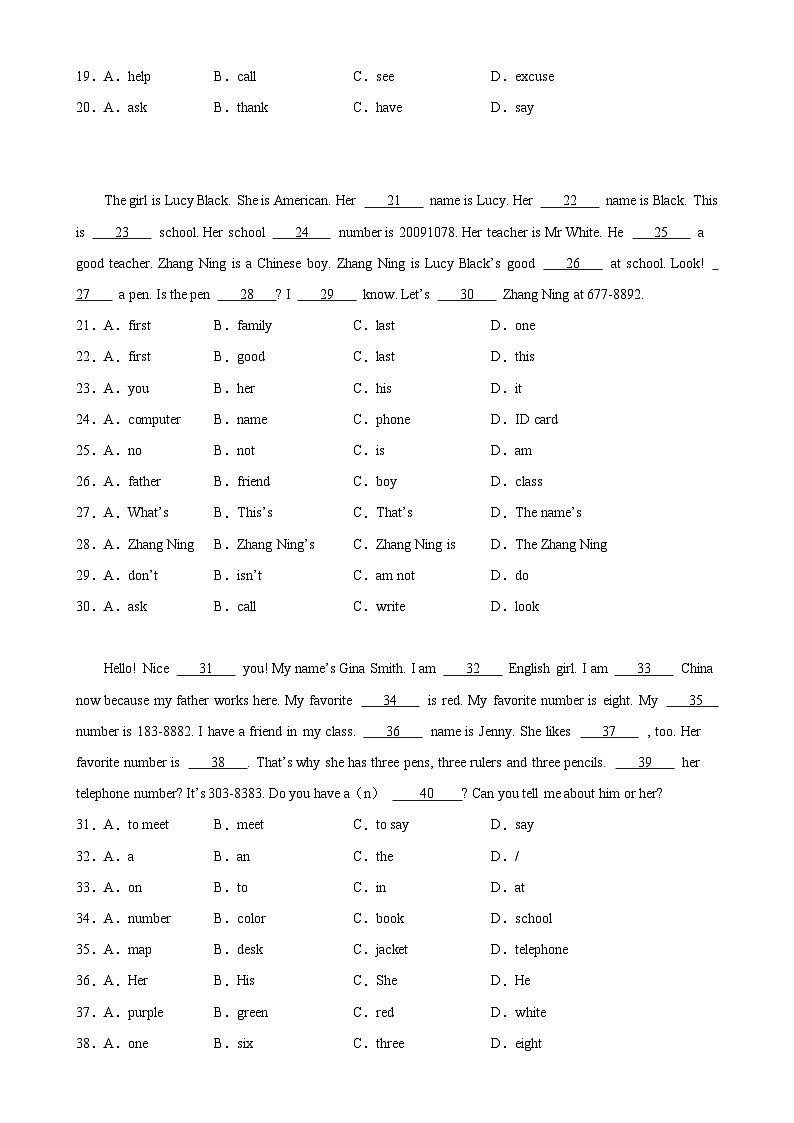 人教版七年级英语上册单元重难点易错题精练 Unit 3 单元话题完形填空练习（含答案）第2页