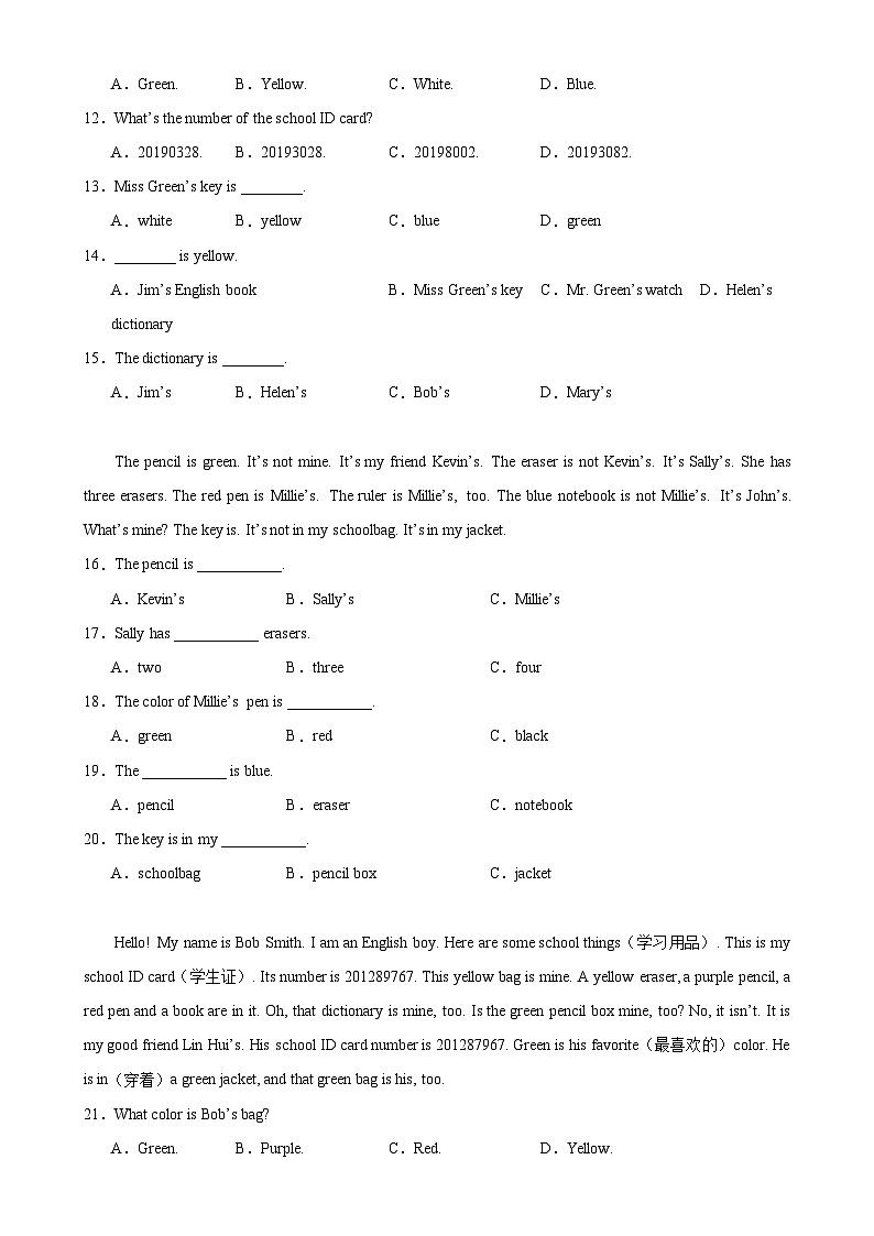人教版七年级英语上册单元重难点易错题精练 Unit 3 单元话题阅读理解练习（含答案）第3页