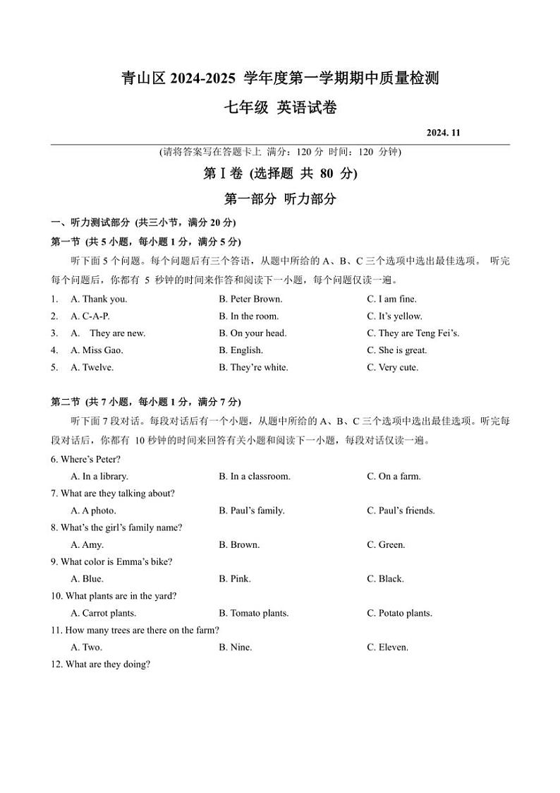 湖北省武汉市青山区2024～2025学年七年级(上)期中质量检测英语试卷(含答案)第1页