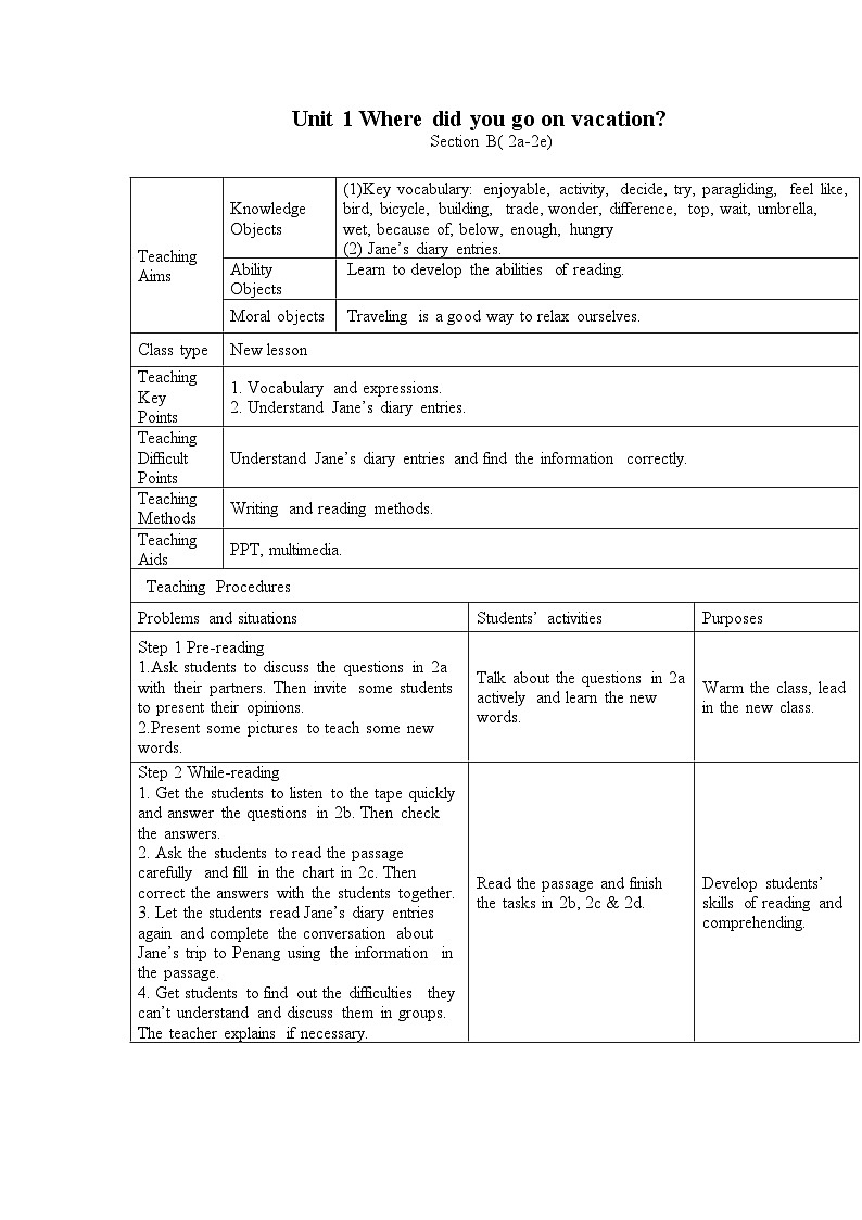 人教版八年级英语上册 Unit 1 Where did you go on vacation   Section B( 2a-2e)教学设计（表格式）第1页