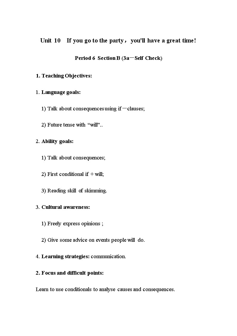 人教版英语八年级上册 Unit 10 If you go to the party，you'll have a great time! Section B  (3a－Self Check)教案第1页