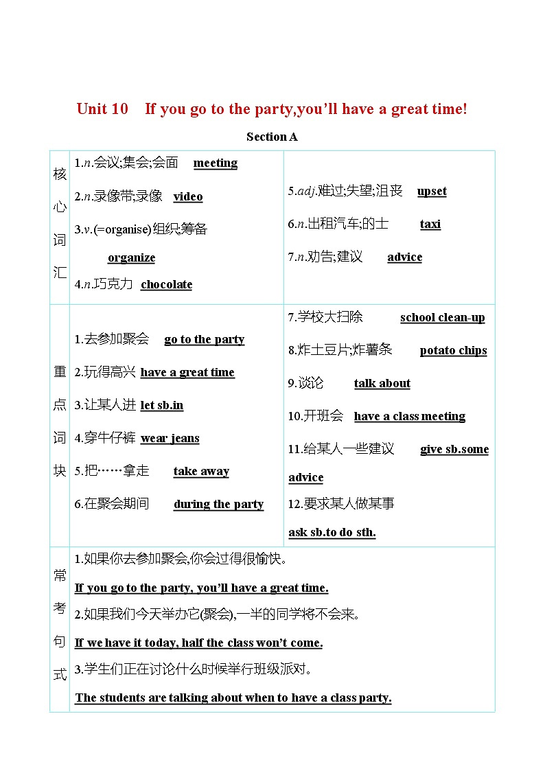 人教版英语八年级上册 Unit 10 If you go to the partyyou’ll have a great time! 知识清单第1页