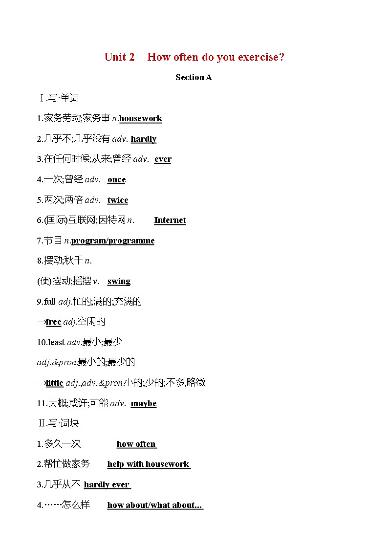 人教版八年级英语上册 Unit 2　How often do you exercise？知识清单 英语01