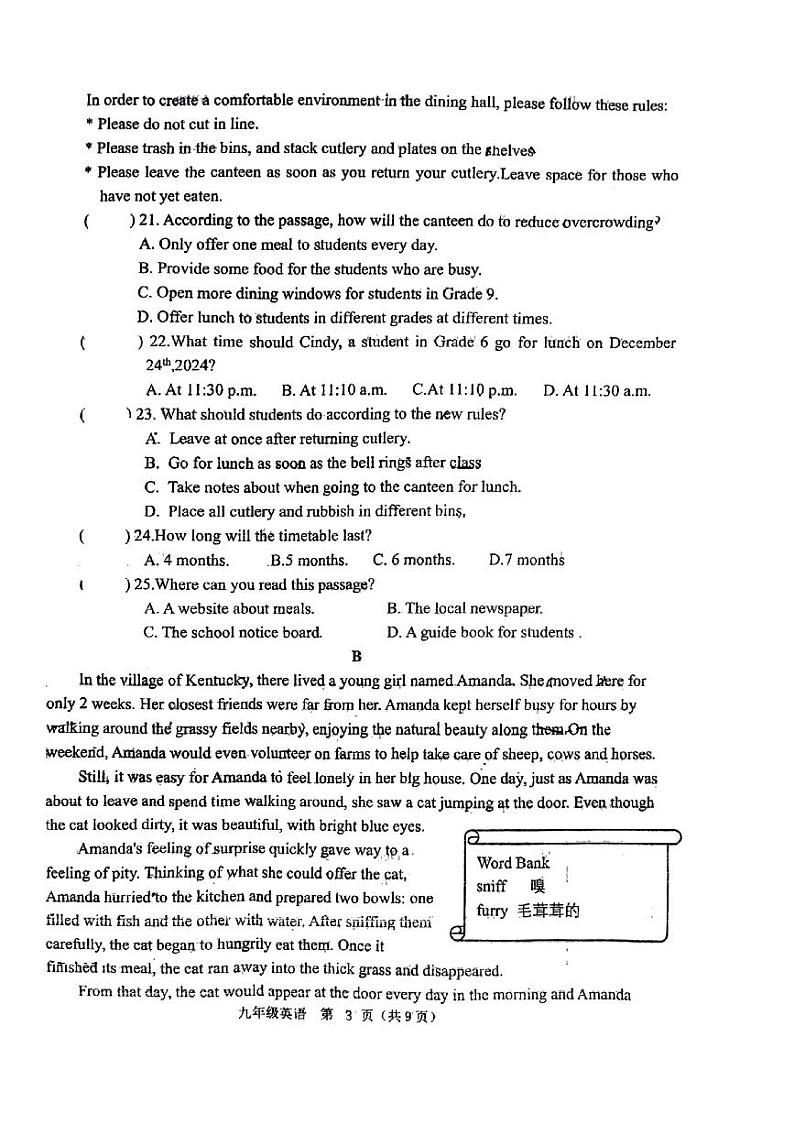 河南省郑州市郑州中学初中部2024-2025学年上学期期中考试九年级英语试卷第3页