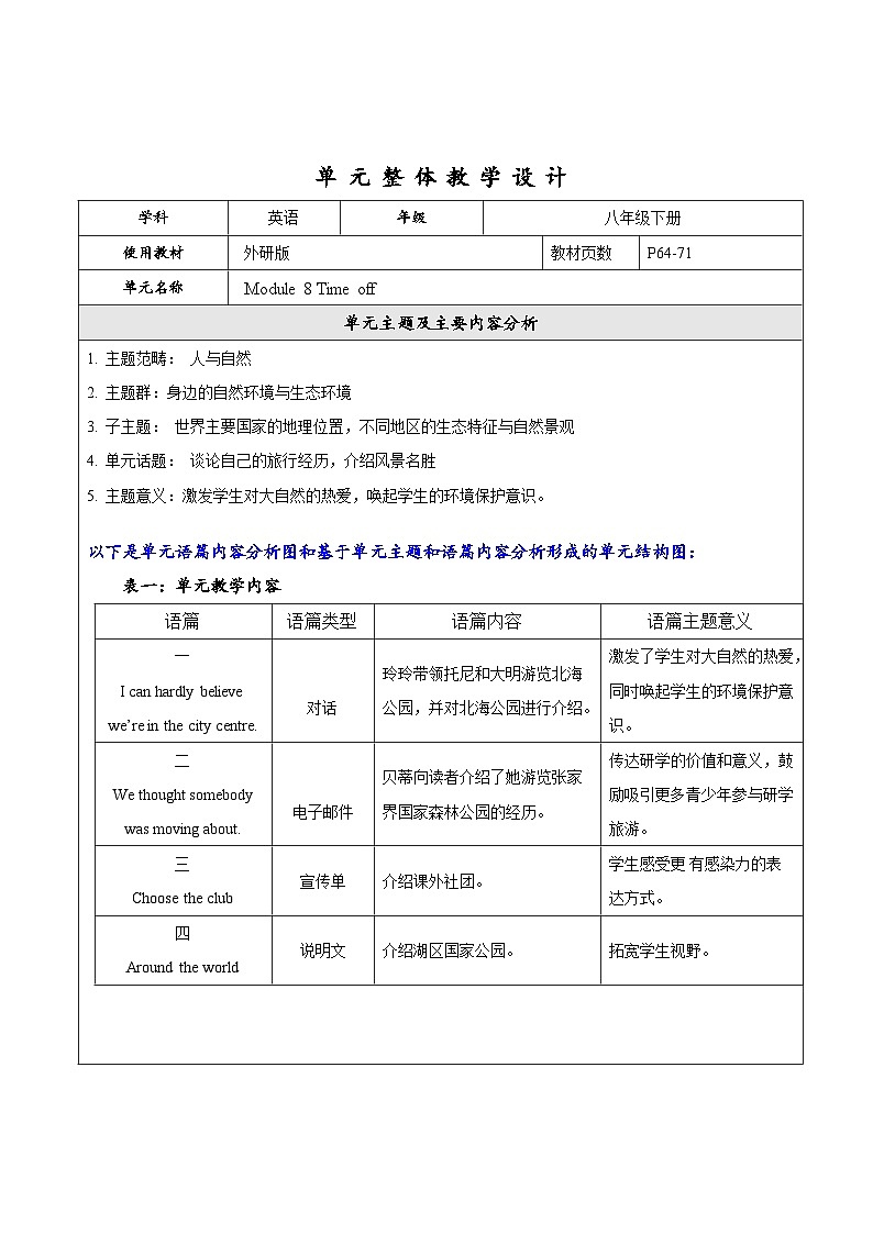 外研版英语八年级下册 Module 8 Time off 单元教案第1页