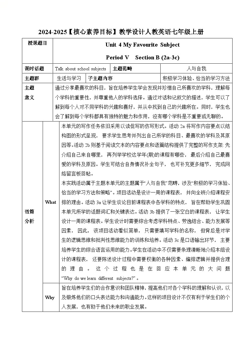 Unit 4 My Favourite Subject Section B (2a-3c)教学设计   人教版2024-2025英语七年级上册01