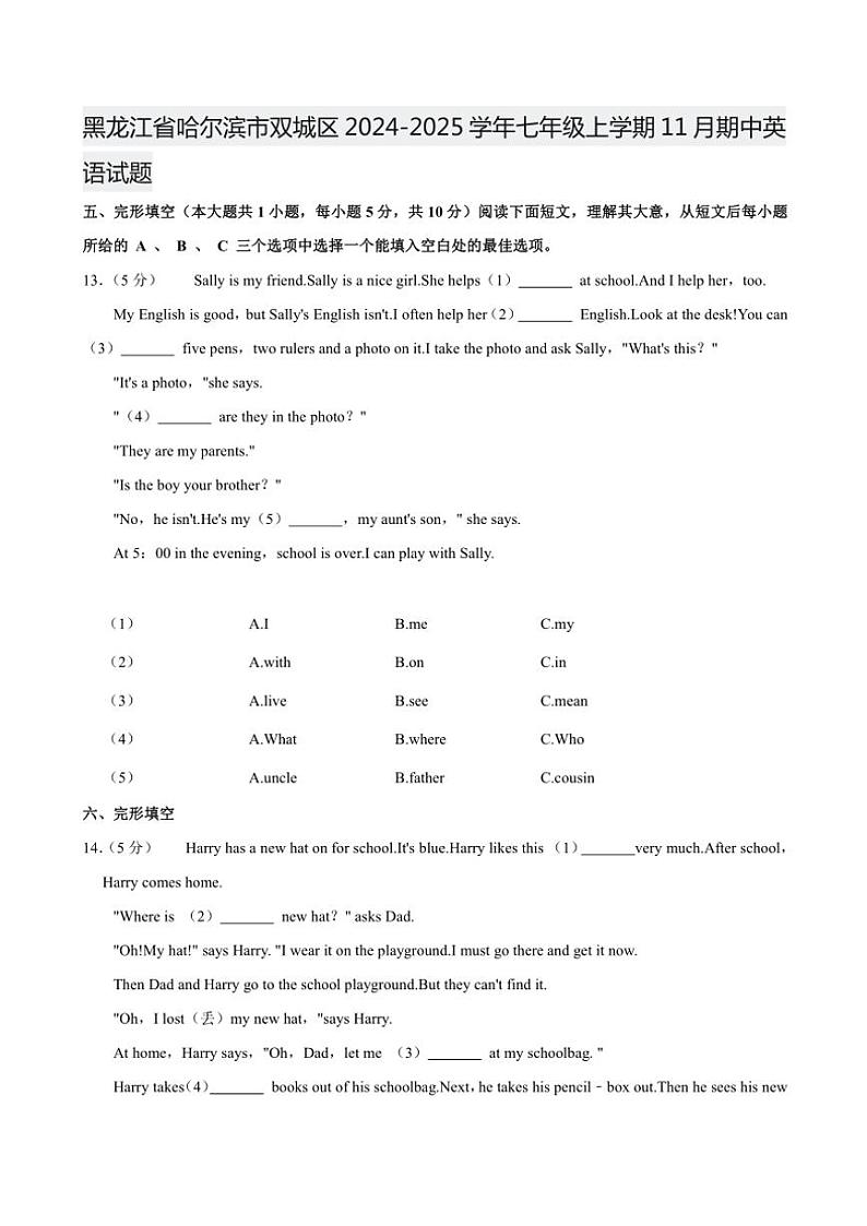 黑龙江省哈尔滨市双城区2024～2025学年七年级(上)期中英语试卷(含解析)第1页