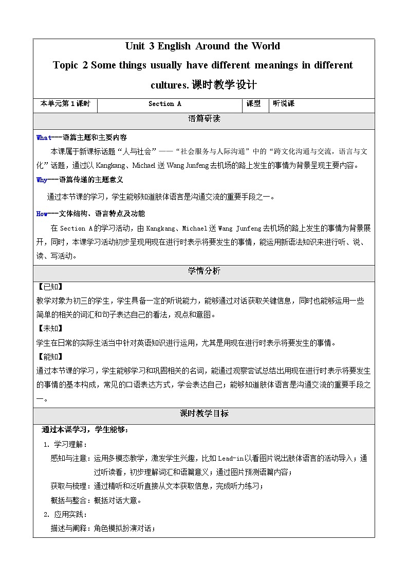 Unit 3 English Around the World Topic 2 Section A 教学设计第1页