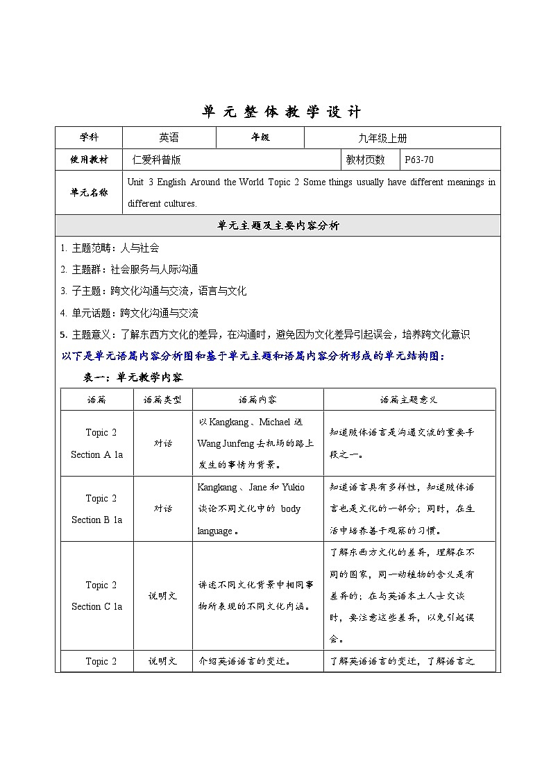 Unit 3 Topic 2 大单元整体教学设计第1页