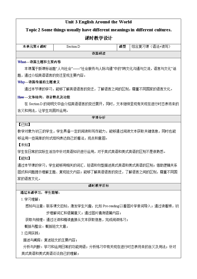 Unit 3 English Around the World Topic 2 Section D 教学设计第1页
