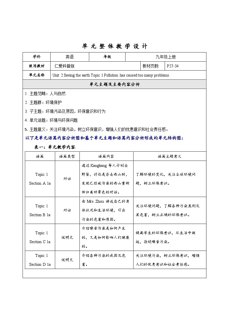 Unit 2 Topic 1 大单元整体教学分析第1页