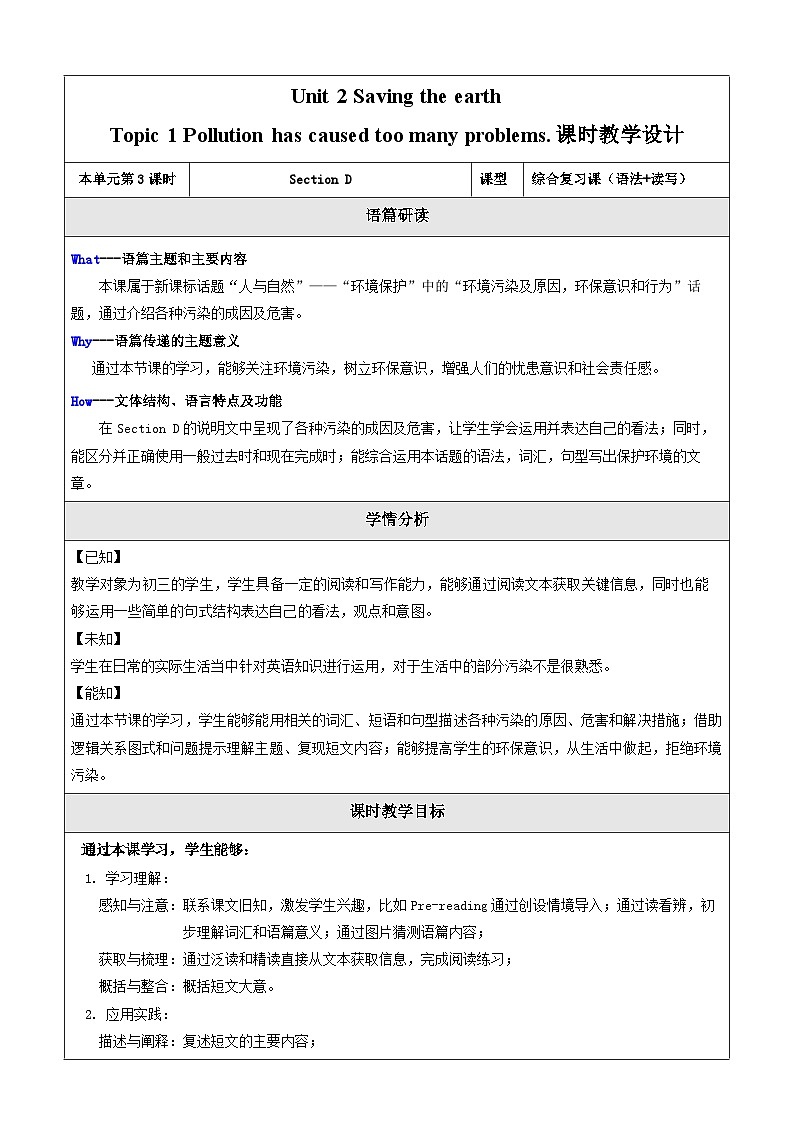 Unit 2 Saving the earth Topic 1 Section D 教学设计第1页