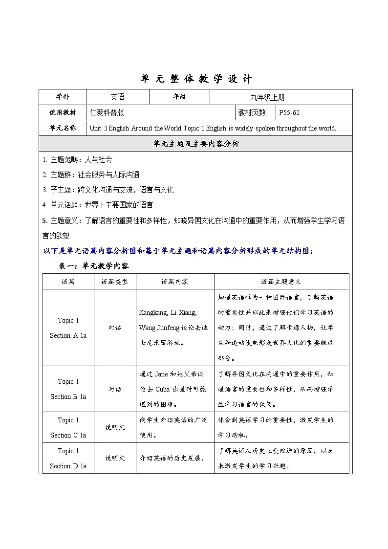 Unit 3 Topic 1 大单元整体教学设计第1页