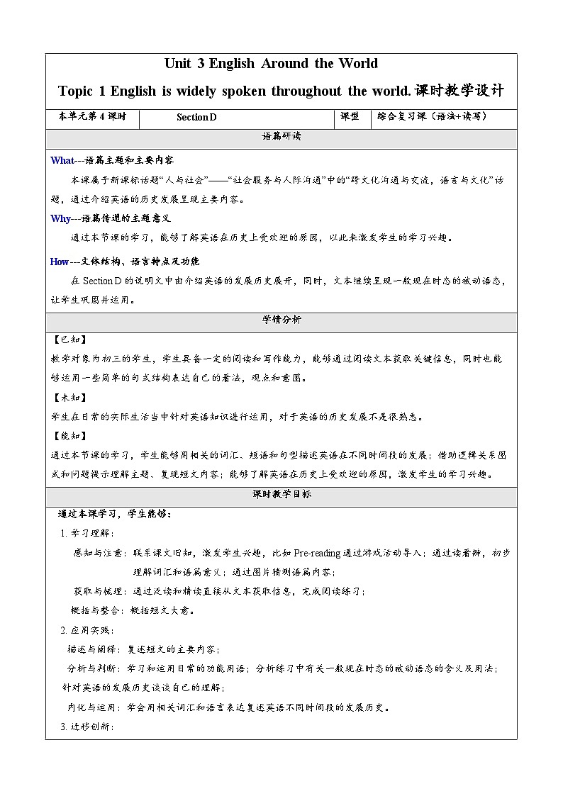 【核心素养】仁爱科普版英语九年级上册Unit3 English Around the World Topic1 Section D 课件+单元整体教学设计01