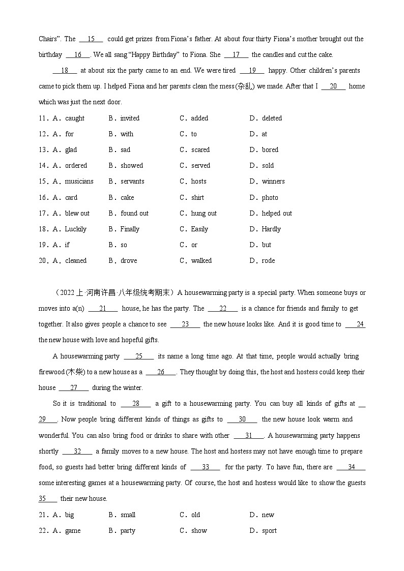 人教版-2023-2024学年八年级英语上册单元重难点易错题精练Unit 9 单元话题完形填空练习（含答案）第2页