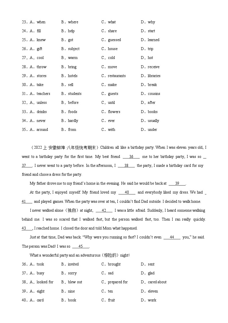 人教版-2023-2024学年八年级英语上册单元重难点易错题精练Unit 9 单元话题完形填空练习（含答案）第3页