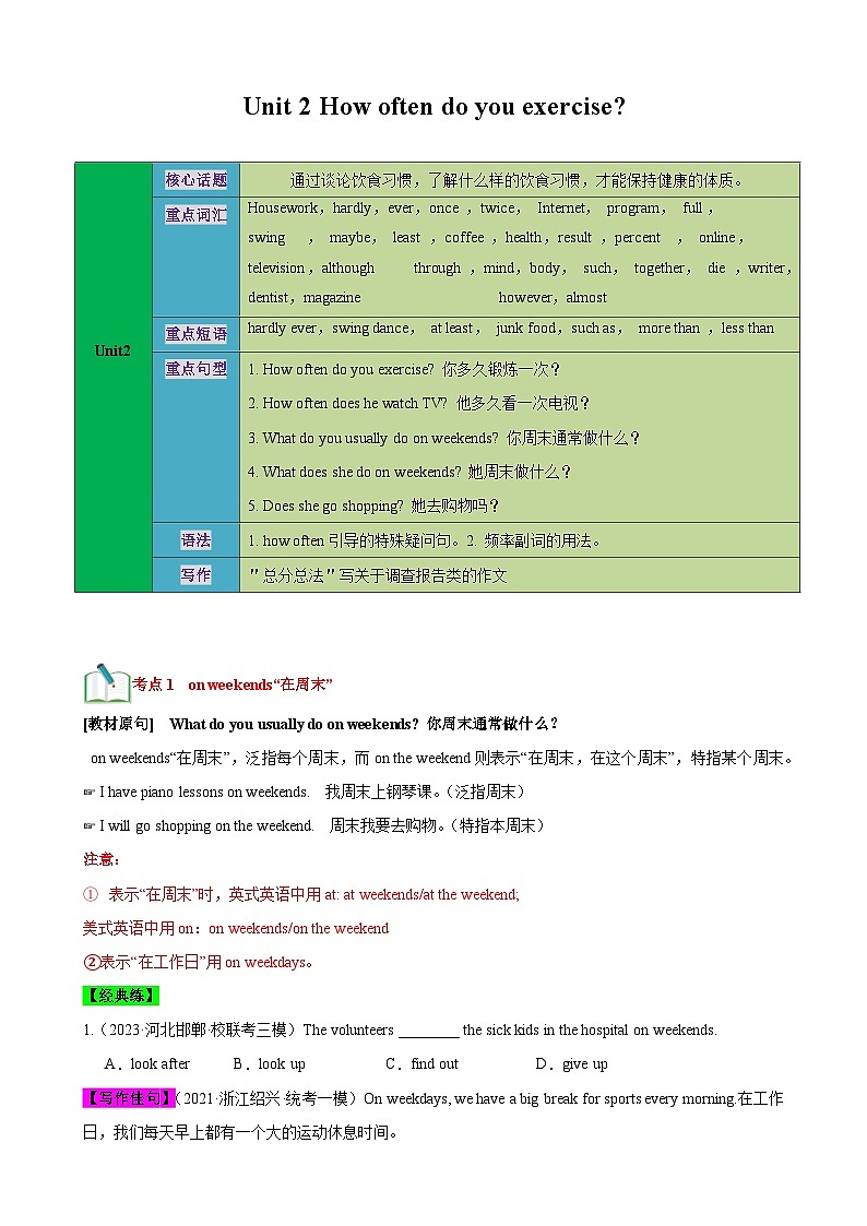 人教版八年级英语上册英语单元速记•巧练Unit2【速记清单】(原卷版+解析)第1页
