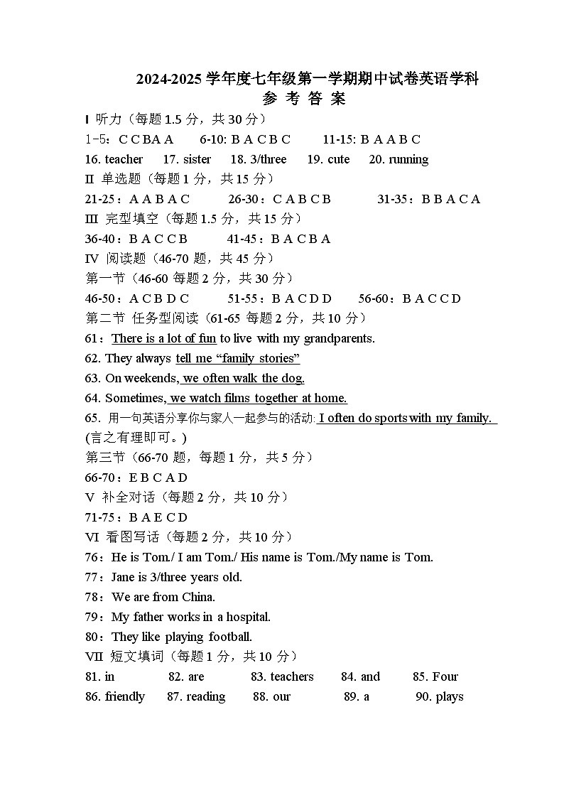 2024-2025学年第一学期七年级英语期中考听力答案及听力材料第1页