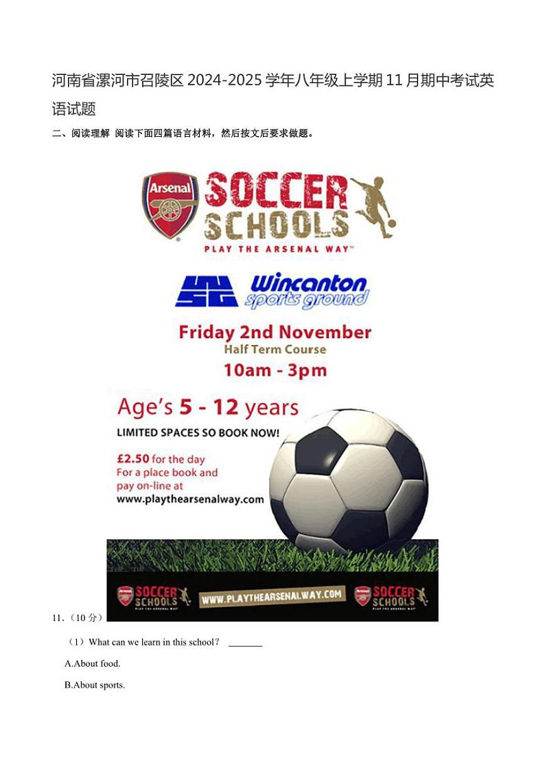 河南省漯河市召陵区2024～2025学年八年级(上)期中英语试卷(含解析)01