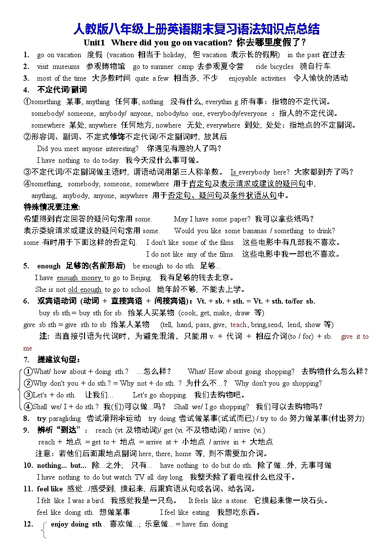 人教版八年级上册英语期末复习语法知识点总结第1页