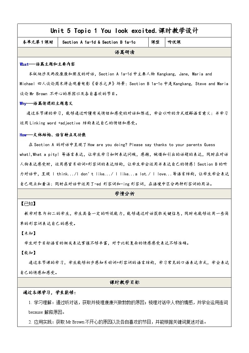 仁爱科普版英语八年级下册 Unit 5 Topic 1《You look excited》 听说课 教案.第1页