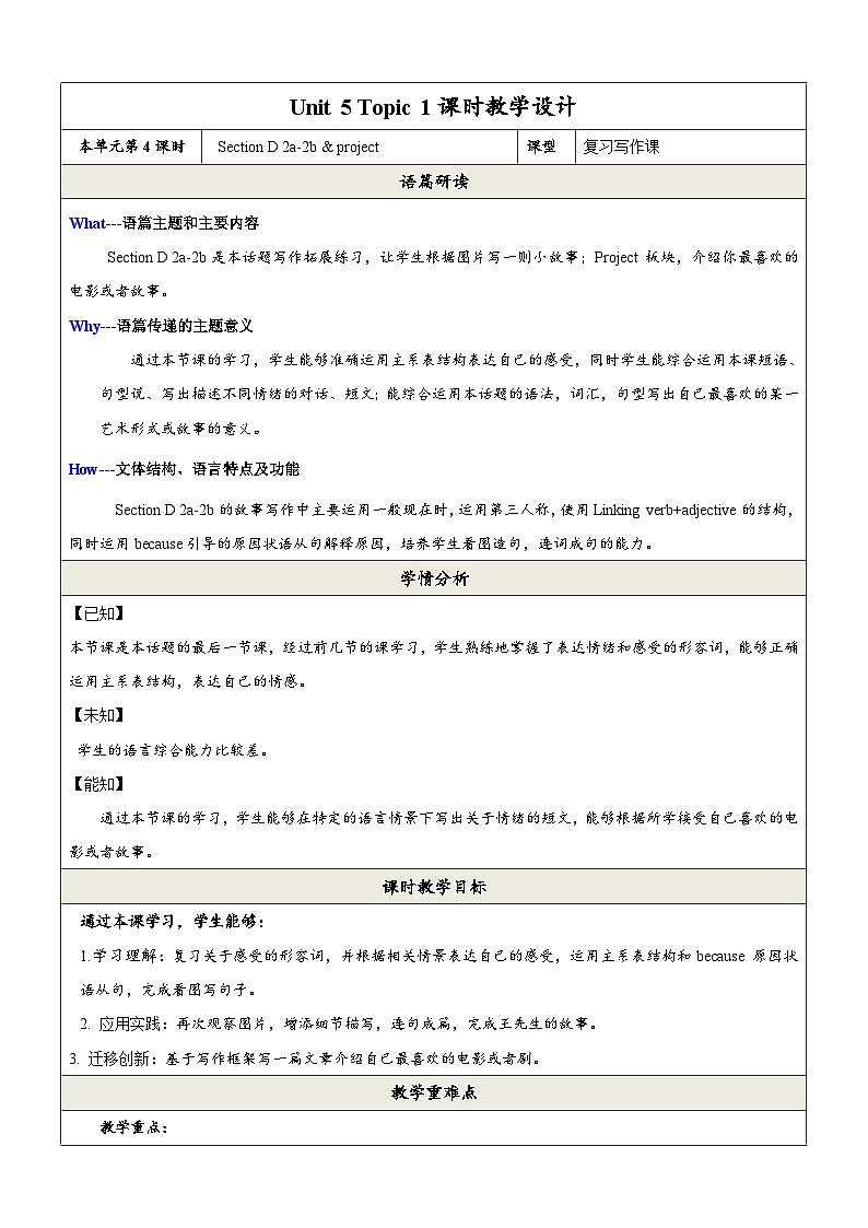 仁爱科普版英语八年级下册 Unit 5 Topic 1《You look excited》读写课 教案第1页