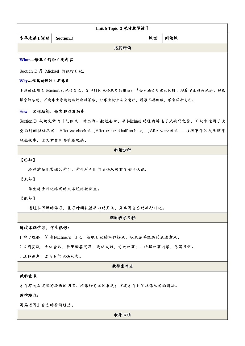 仁爱科普版英语八下 Unit 6 Topic 2 《Enjoy Cycling》Section D 教案第1页