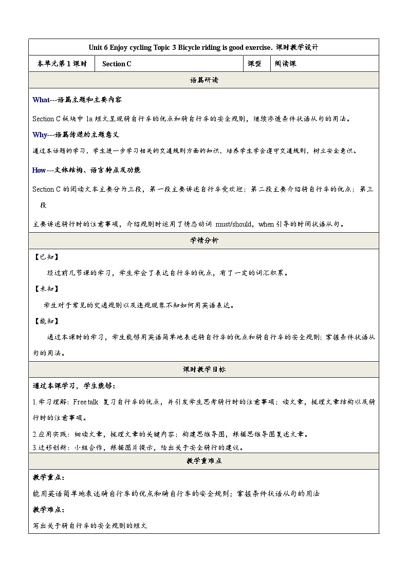 仁爱科普版英语八下 Unit 6 Topic 3 《Enjoy Cycling》Section C 教案第1页