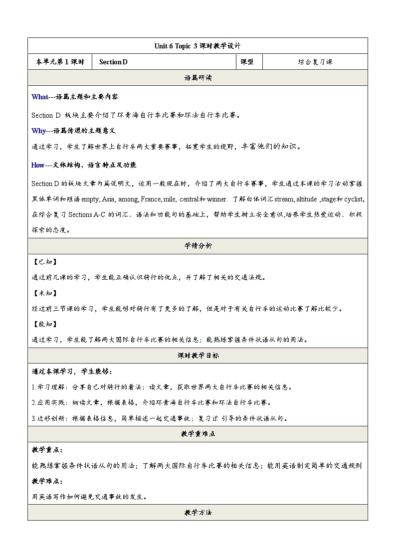 仁爱科普版英语八下 Unit 6 Topic 3 《Enjoy Cycling》Section D 课件+教案+音视频01