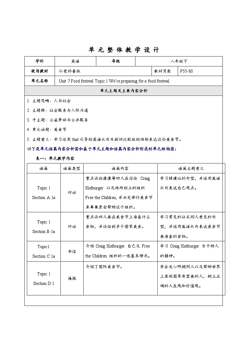 仁爱科普版英语八年级下册 Unit 7 Topic 1 大单元教学设计第1页