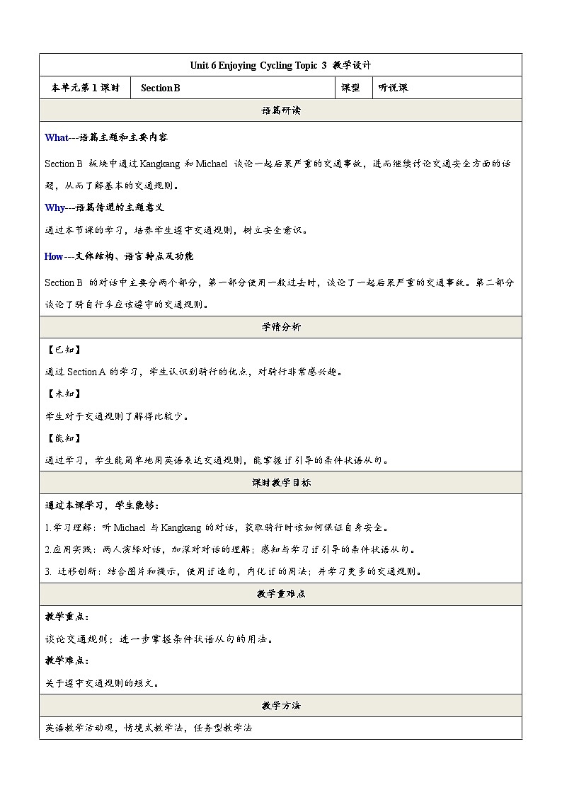 仁爱科普版英语八下 Unit 6 Topic 3 《Enjoy Cycling》Section B 教案第1页