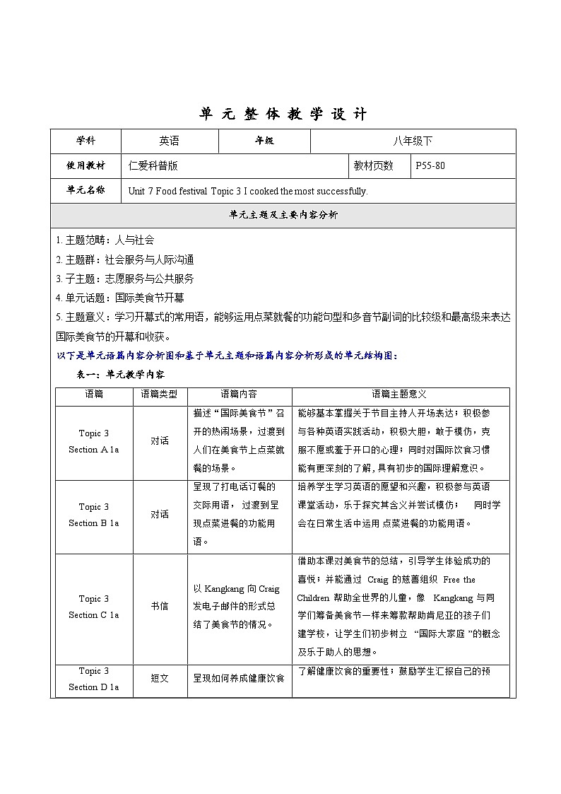 仁爱科普版英语八下 Unit 7 Topic 3 《Food festival》  Section A 教案第1页