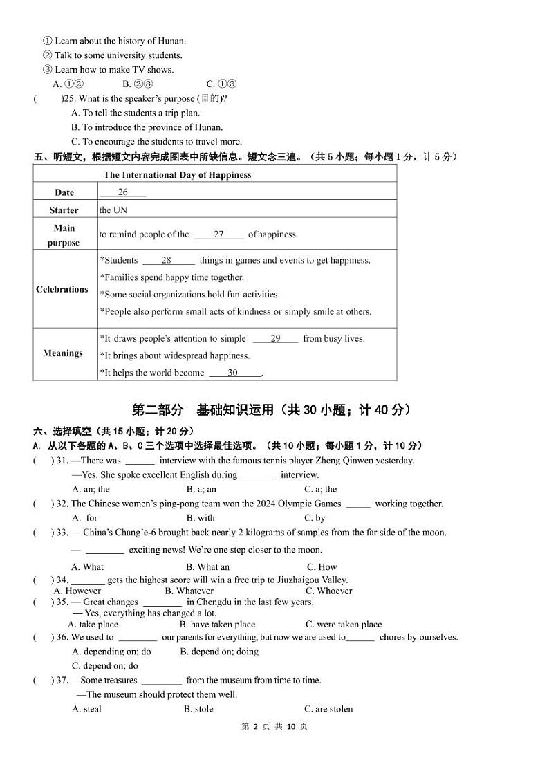 四川省成都七中万达学校2024-2025学年九年级上学期期中考试英语试卷第2页