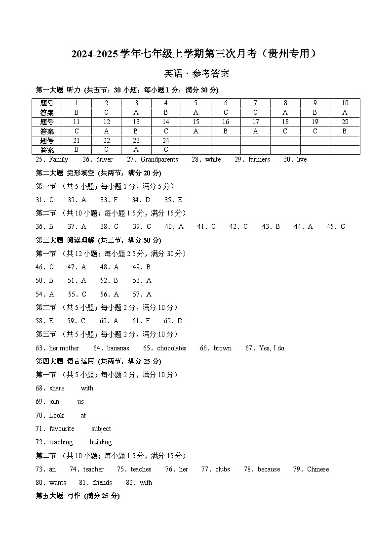 七年级英语第三次月考卷（参考答案）（贵州专用）第1页