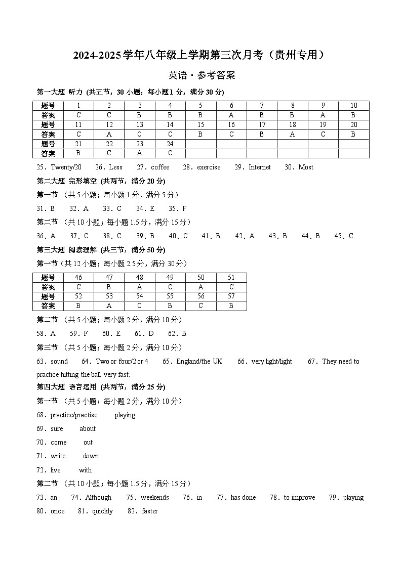 八年级英语第三次月考卷（参考答案）（贵州专用）第1页