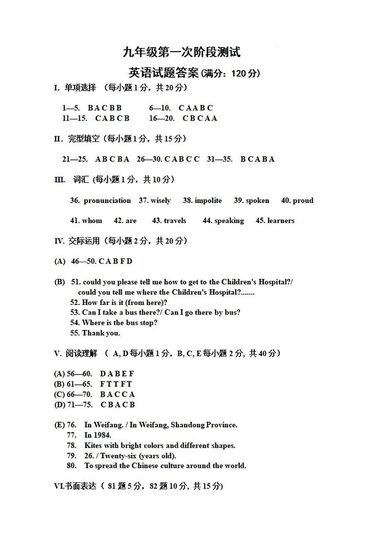 九年级第一次阶段测试英语测试卷答案2024.10(2)第1页