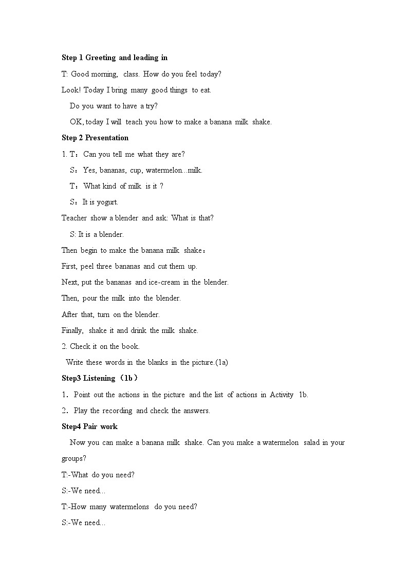 人教版八年级上册英语Unit8 How do you make a banana milk shake教案第3页