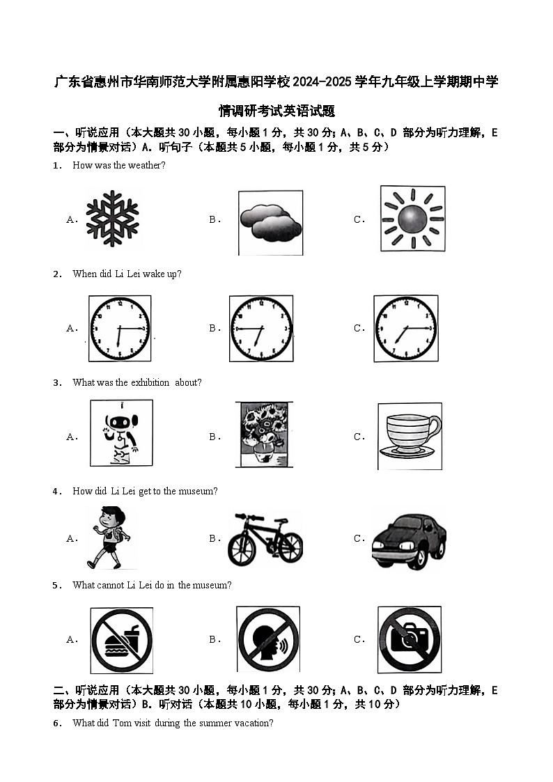 广东省惠州市华南师范大学附属惠阳学校2024-2025学年九年级上学期期中学情调研考试英语试题第1页