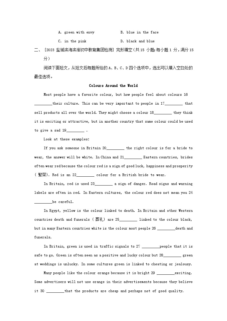 江苏省2024九年级英语上册 Unit 2 Colour综合素质评价试卷（附答案牛津译林版）第3页