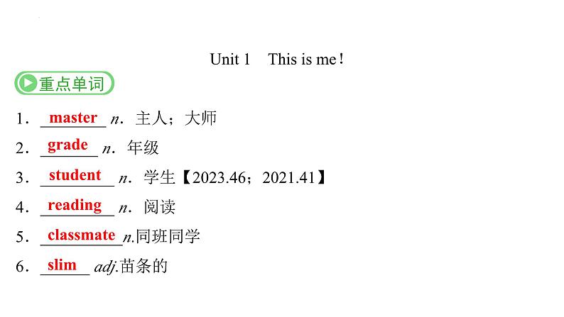 Grade 7  Book 1  Units  1～2- 2025年广西中考英语牛津译林版一轮复习教材词句默写课件第2页