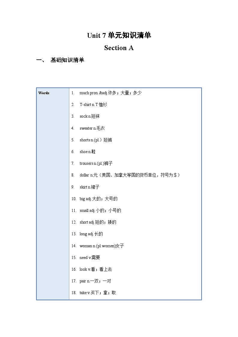 人教版七年级英语上册同步备课Unit7单元知识清单SectionA(基础+知识点+语法)第1页