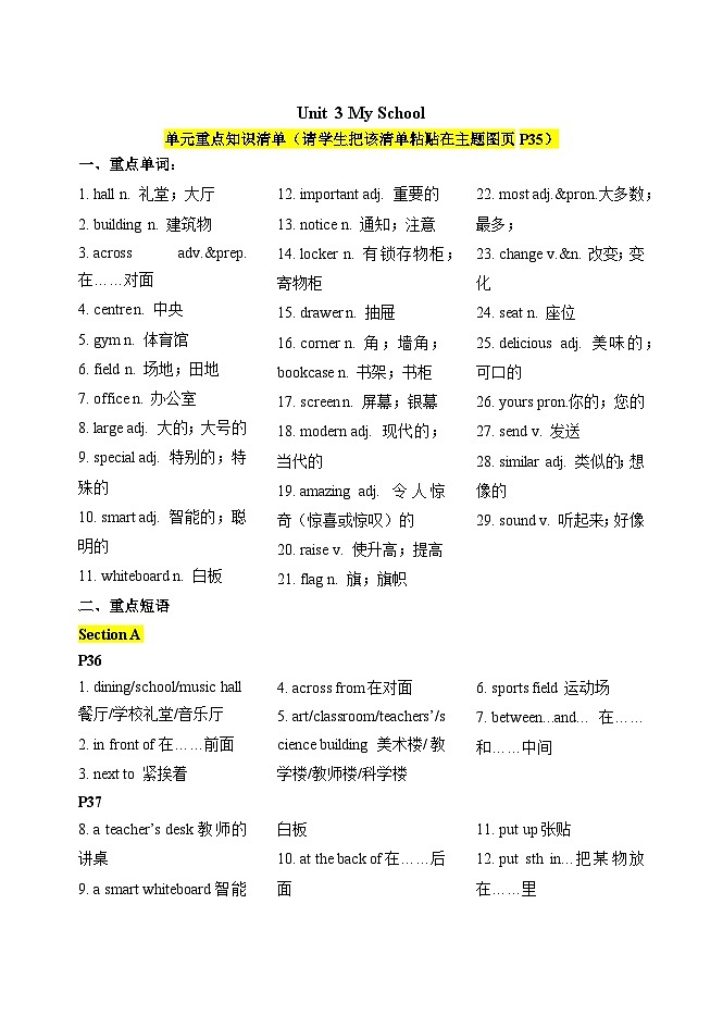 新人教版英语七上Unit 3 单元检测卷（含粘贴在教材主题图页的单元知识点）（解析版）第1页