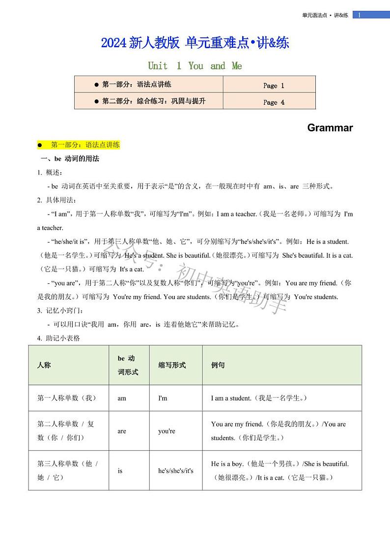 Unit 1 You and Me-Grammar 单元语法点讲&练 2024-2025学年人教版2024七年级英语上册第1页
